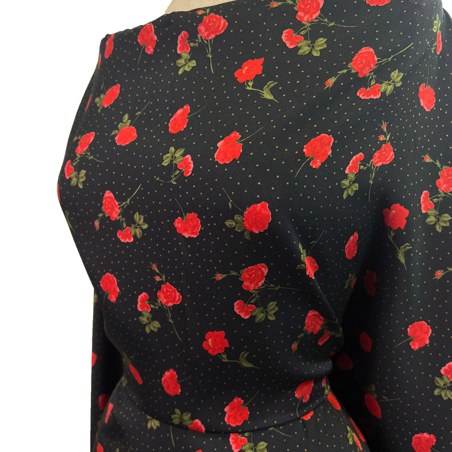 Italian Polyester Satin Black Red Rose Print Dress Fabric