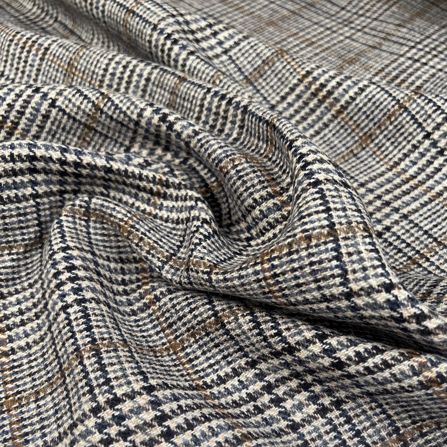 Oxfordshire Check Wool Grey Black Tan Blue British Suiting Fabric