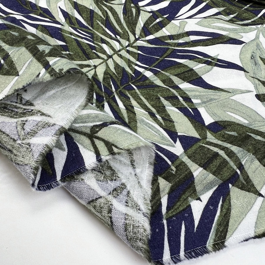 Palms Navy Linen Green White Leaf Print Dress Fabric Fold