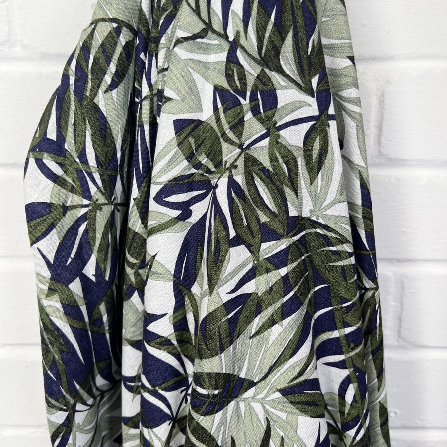 Palms Navy Linen Green White Leaf Print Dress Fabric Hang