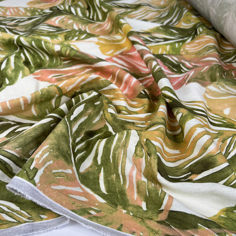 Palms Viscose Cotton Leaf Print Pink Green White Dress Fabric