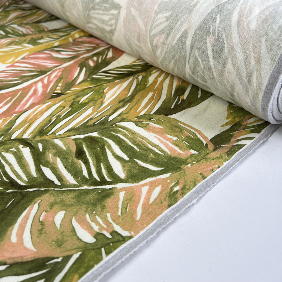 Palms Viscose Cotton Leaf Print Pink Green White Dress Fabric Roll