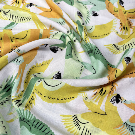Parrot Song White Bird Print Viscose Yellow Green Dress Fabric