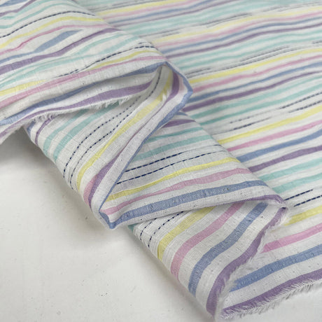 Pastel Rainbow Seersucker Cotton Polyester Lycra Stripe Woven Dress Fabric Fold