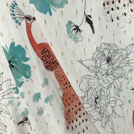 Peacock Lawn Printed Viscose Lawn With Metalic Yarn Red White Teal Black Gold Drape