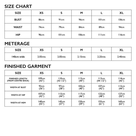 Pia Dress Pattern Tessuti Size Chart