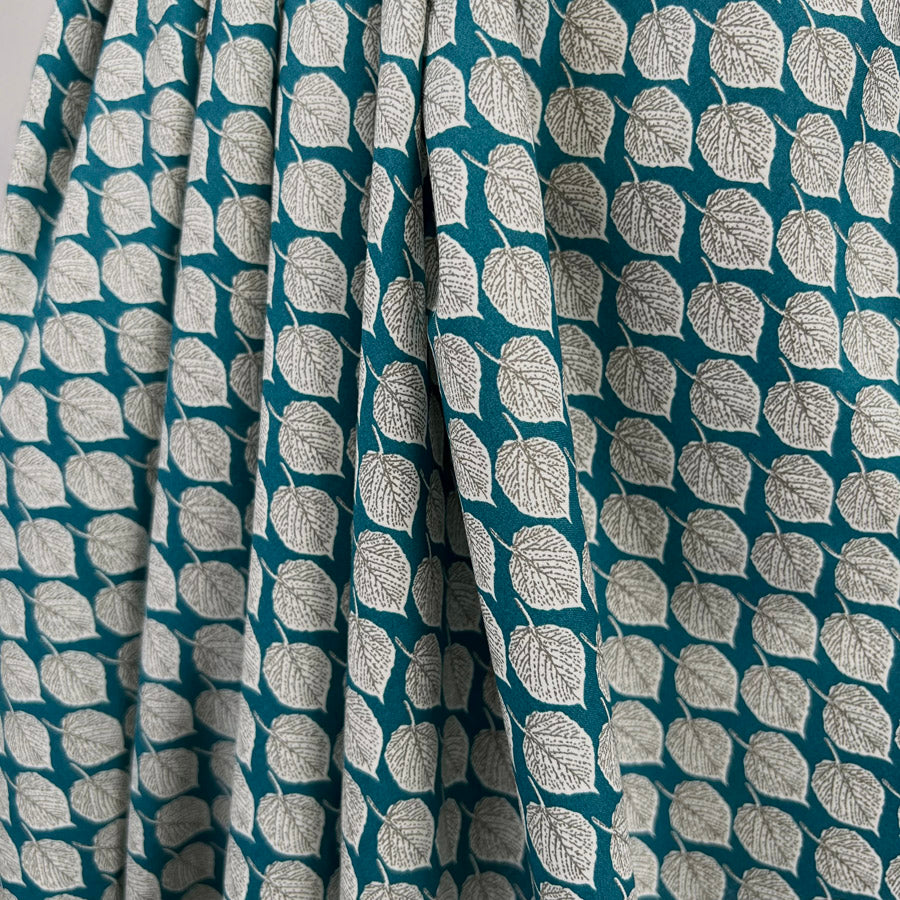 Pima Cotton Lawn Colder Days Teal Leaf Print Dress Fabric