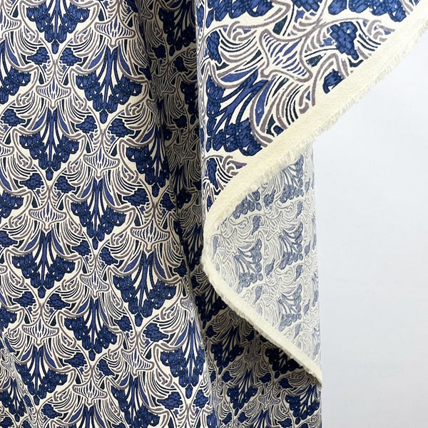 Pima Cotton Lawn Dress Fabric Blue Beige Floral Chandelier Hang