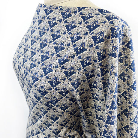 Pima Cotton Lawn Dress Fabric Blue Beige Floral Chandelier Side