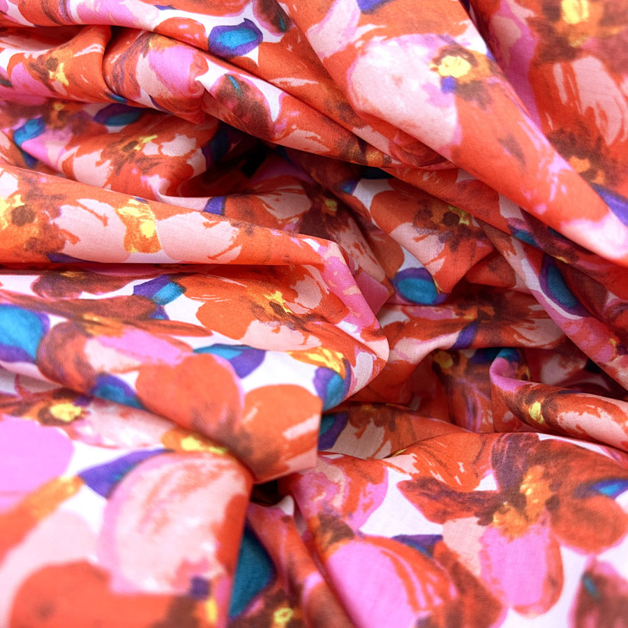 Pima Cotton Lawn Dress Fabric Red Pink Florals Sunset Peony