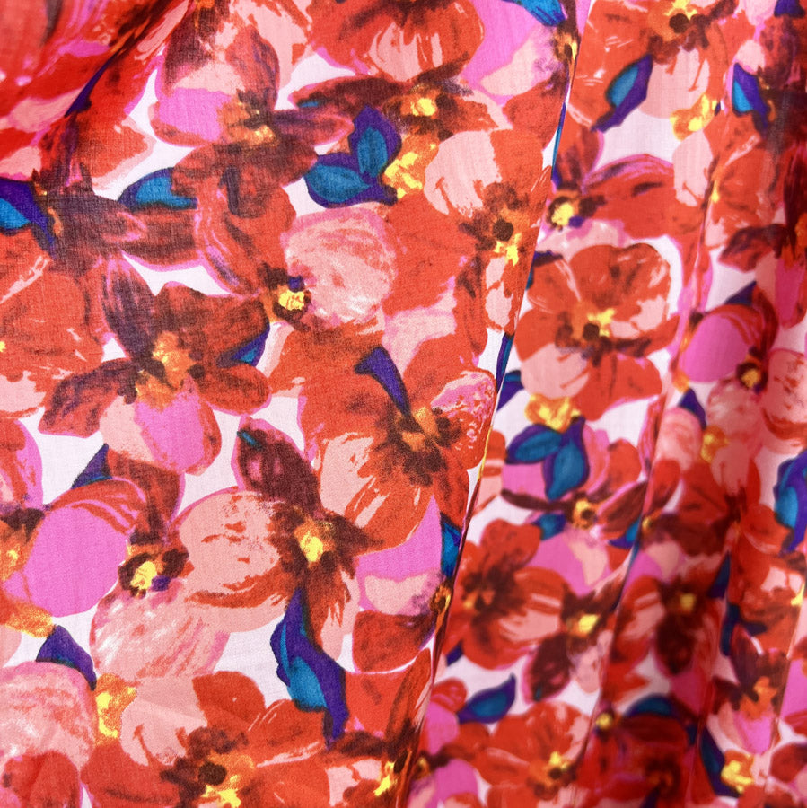 Pima Cotton Lawn Dress Fabric Red Pink Florals Sunset Peony Drape