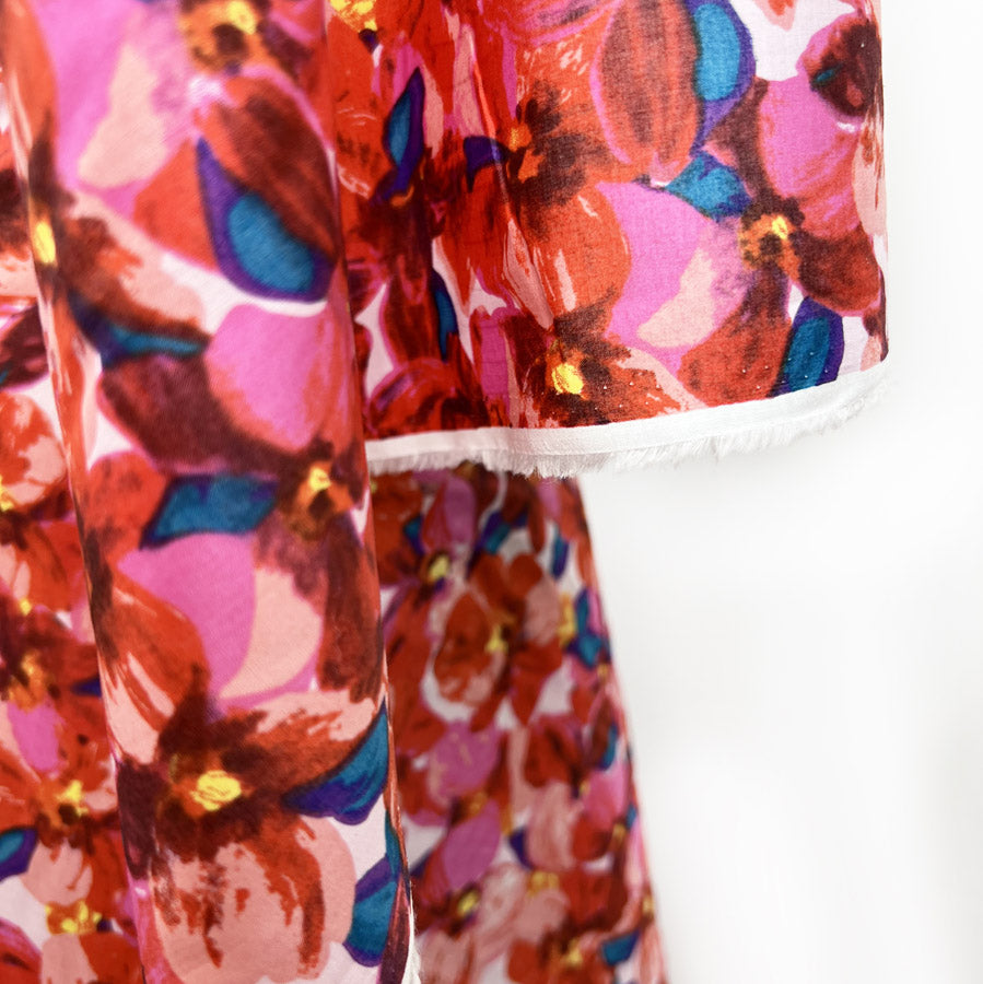 Pima Cotton Lawn Dress Fabric Red Pink Florals Sunset Peony Hang