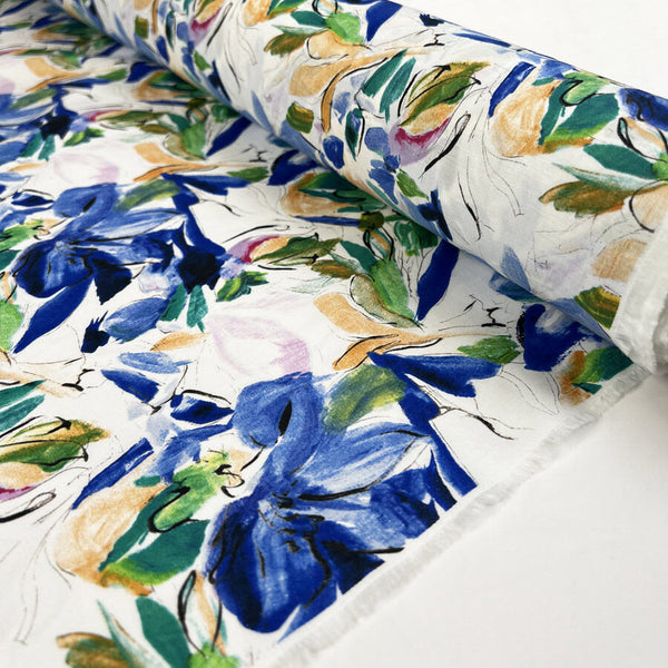 Pima Cotton Lawn Floral Art Woven Blue White Dress Fabric Roll