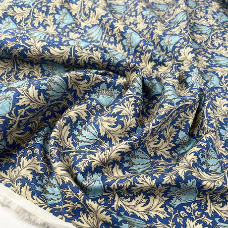 Pima Cotton Lawn Folk Garden Blue Floral Cream Woven Dress Fabric