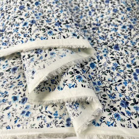 Pima Cotton Lawn Forget Me Nots Cream Blue Floral Dress Fabric Fold