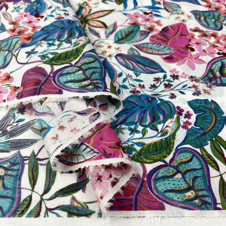 Pima Cotton Lawn Paradise White Floral Pink Blue Leaf Print Dress Fabric Fold