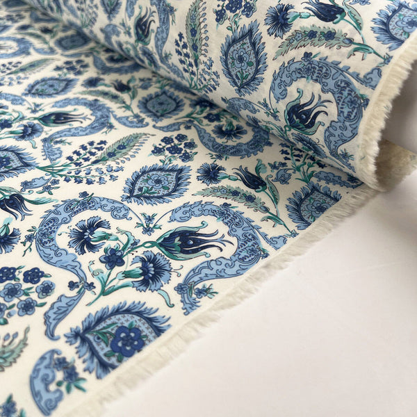 Pima Cotton Lawn Raj Blue Woven Paisley Floral White Dress Fabric Roll