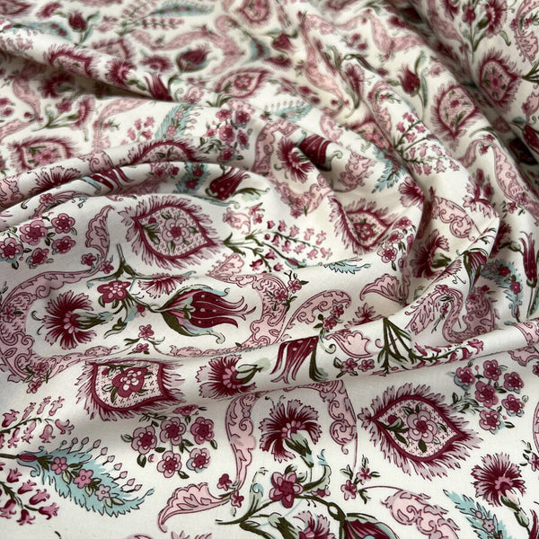 Pima Cotton Lawn Raj Pink Woven Paisley Floral White Dress Fabric