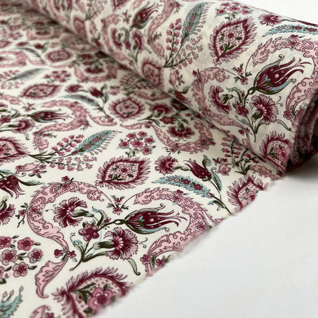 Pima Cotton Lawn Raj Pink Woven Paisley Floral White Dress Fabric Roll