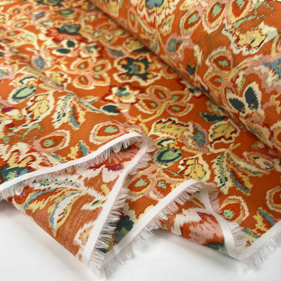 Pima Cotton Lawn Sacha Orange Floral Woven Dress Fabric Fold