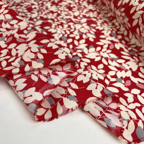 Pima Cotton Lawn Tayla Red White Leaf Print Dress Fabric Fold