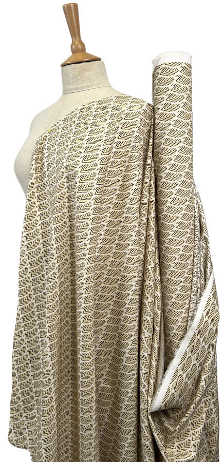 Pima Cotton Lawn Tribal Grove Sand Leaf Print Black Woven Dress Fabric Mannequin