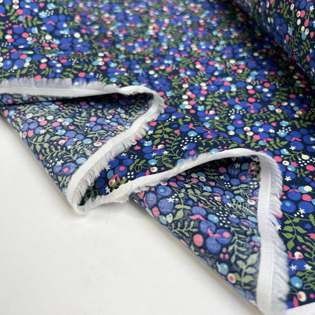 Pima Cotton Lawn Violet Vine Navy Purple Berry Print Dress Fabric Fold