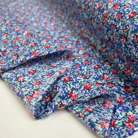 Pima Cotton Lawn Zinnia Blue Pink Floral Print Dress Fabric Fold