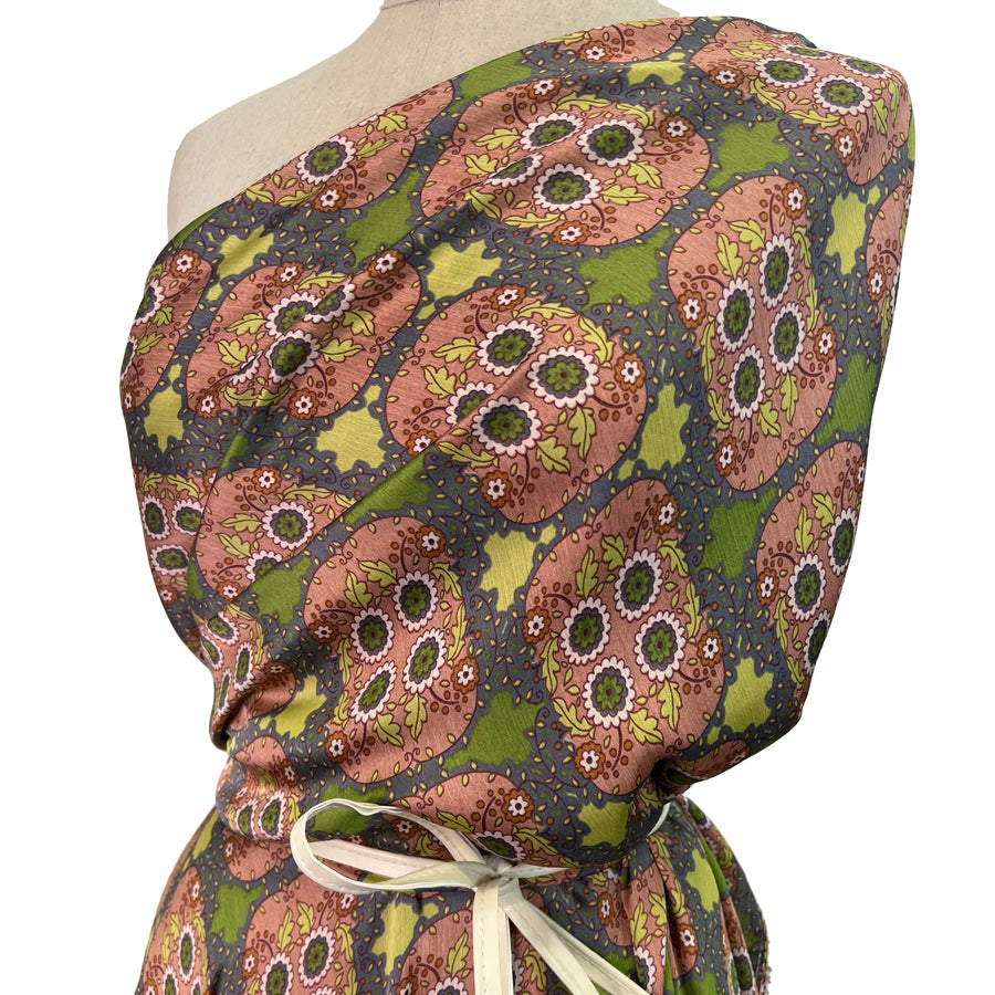 Plot Polyester Voile Abstract Floral Pink Green Dress Fabric Side1