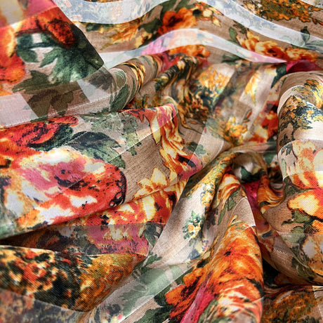 Polyester Organza Striped Orange Floral Claudia Close Up
