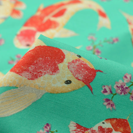 Poplin Print Carpe Diem Koi Carp Fish Print Aqua Cotton Dress And Craft Fabric Cu