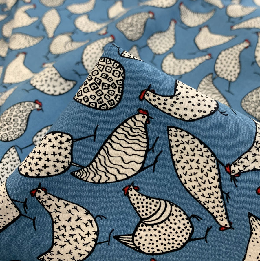 Poplin Print - Chicken - Blue