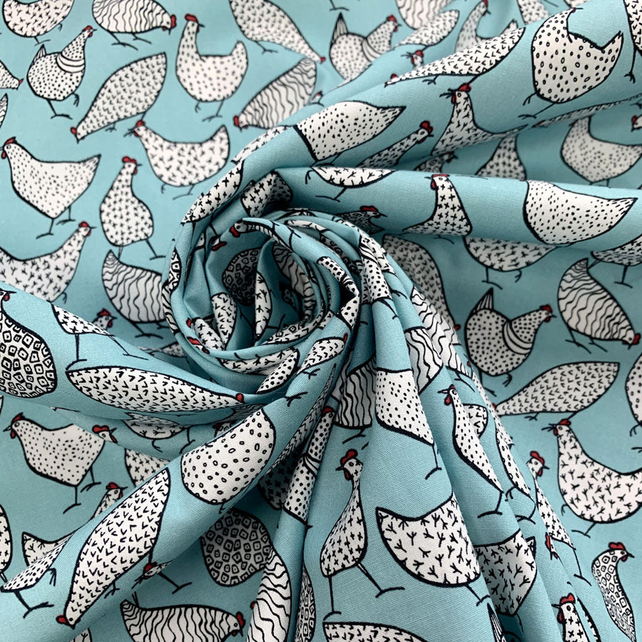 Poplin Print - Chicken - Turquoise