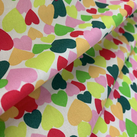 Poplin Print Colourful Hearts Green Multi Coloured Hearts On A White Ground Fold
