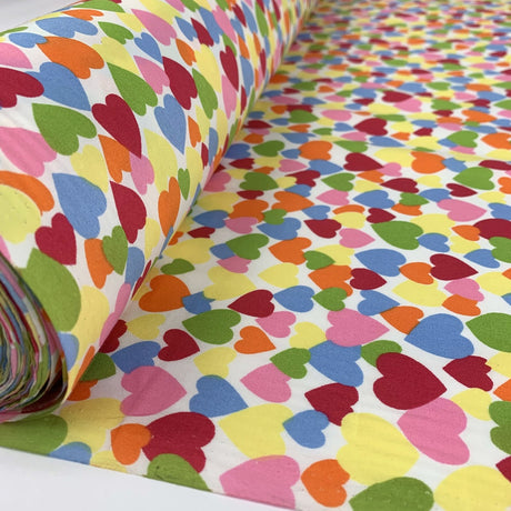 Poplin Print Colourful Hearts Red Multi Coloured Hearts On A White Ground Roll