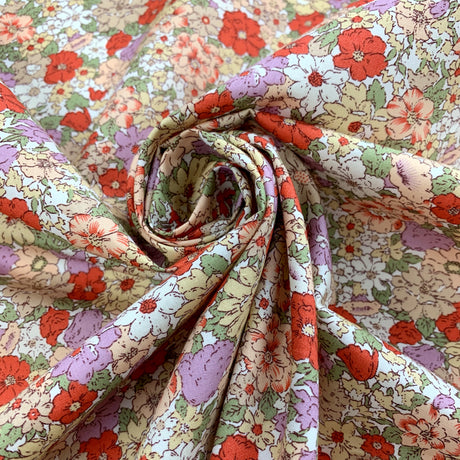 Poplin Print Country Garden Coral Cotton Floral Dress Fabric Cud