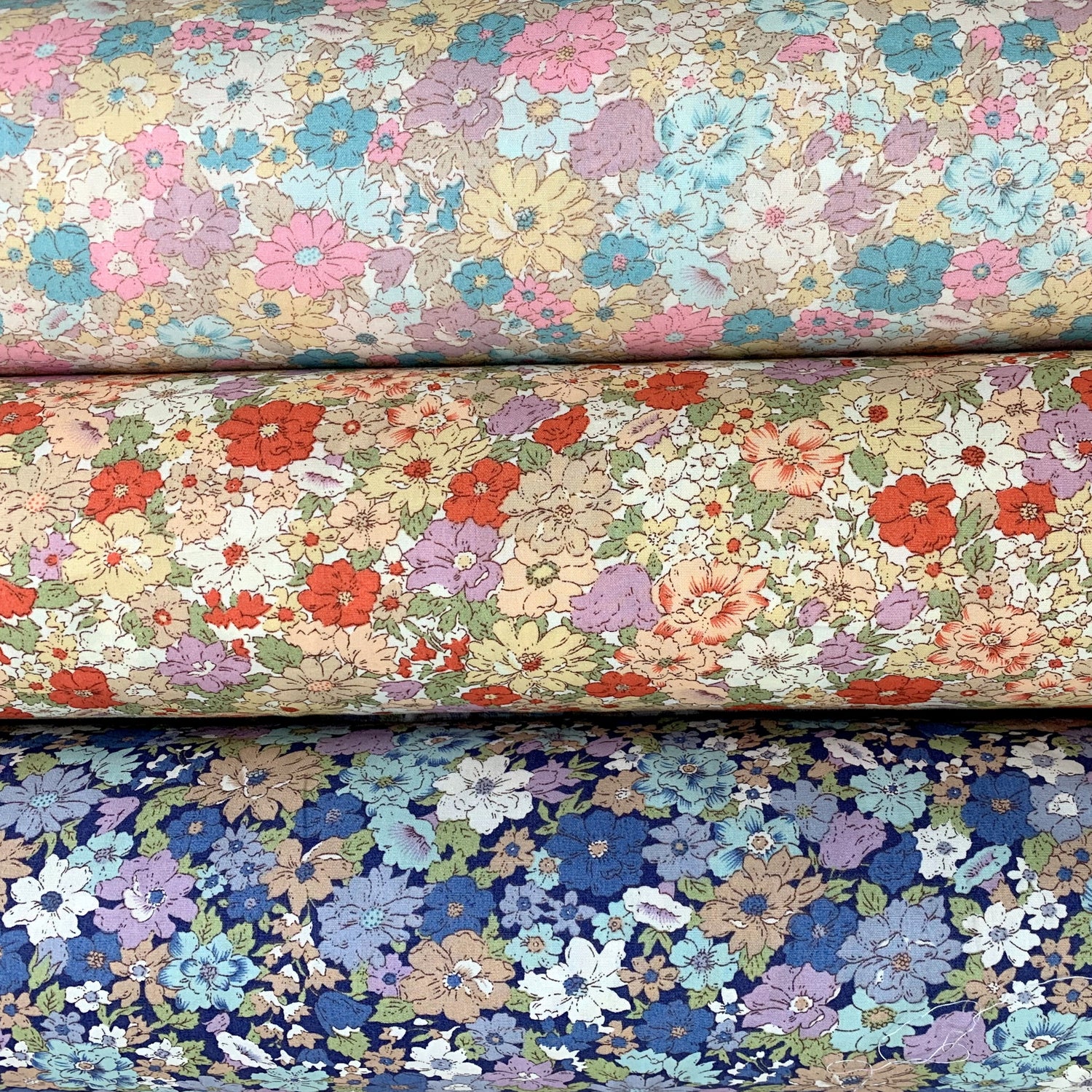 Poplin Print Country Garden Pink Coral Navy Cotton Floral Dress Fabric Group