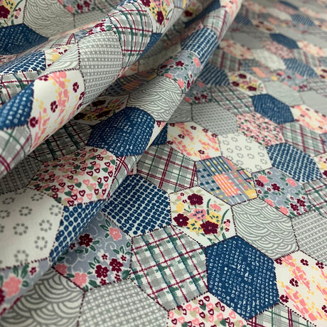 Poplin Print Patchwork Blue Hexaon Floral Patchwork Design Fold
