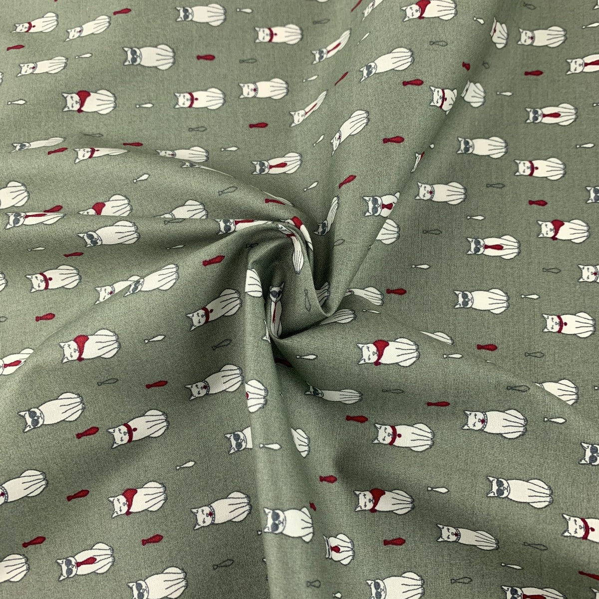 Poplin Print - Formal Feline - Sage