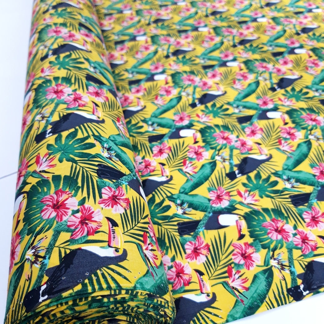 Poplin Print - Tropical Toucans - Mustard