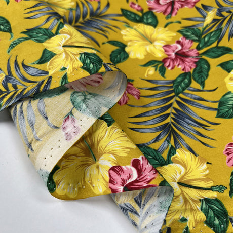 Poplin Print Island Bloom Cotton Ochre Mustard Yellow Green Pink Leaf Floral Woven Dress Fabric Fold