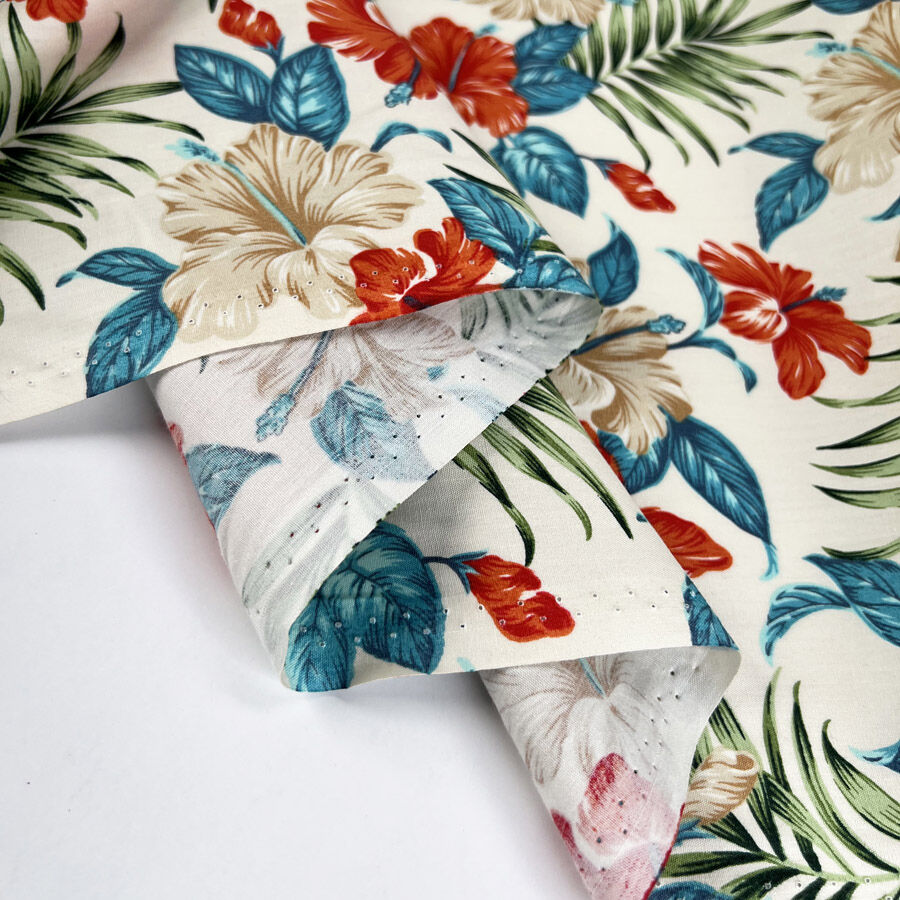Poplin Print Island Retreat Cotton White Blue Green Red Leaf Floral Woven Dress Fabric Fold