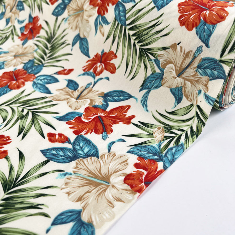 Poplin Print Island Retreat Cotton White Blue Green Red Leaf Floral Woven Dress Fabric Roll