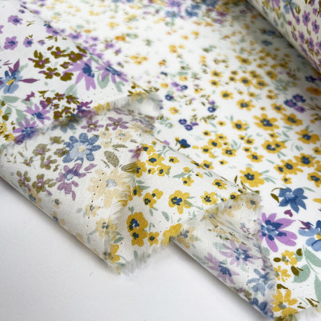 Poplin Styles Buttercup Breeze White Yellow Purple Floral Cotton Dress Fabric Fold