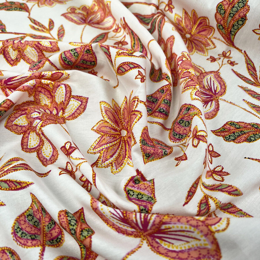 Poplin Styles Lotus Carnivals White Orange Floral Cotton Dress Fabric