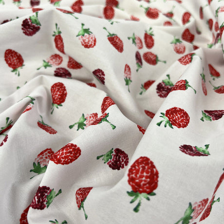 Poplin Styles Raspberry Fields White Red Cotton Dress Fabric