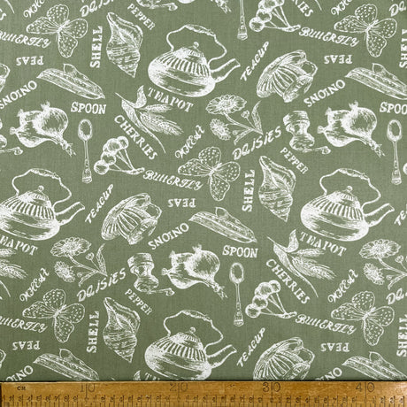 Poplin Styles Souveniers Sage Green Abstract Shell Print Cotton Dress Fabric Ruler