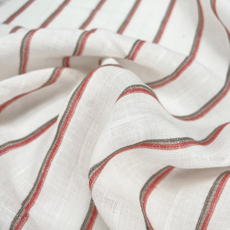 Pretty Little Stripe Linen Viscose Ivory Red Woven Summer Shirting Fabric Cu1