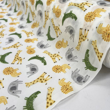 Pretty Polly Safari Friends Polyester Cotton White Giraffe Elephant Animal Print Dress Fabric Roll