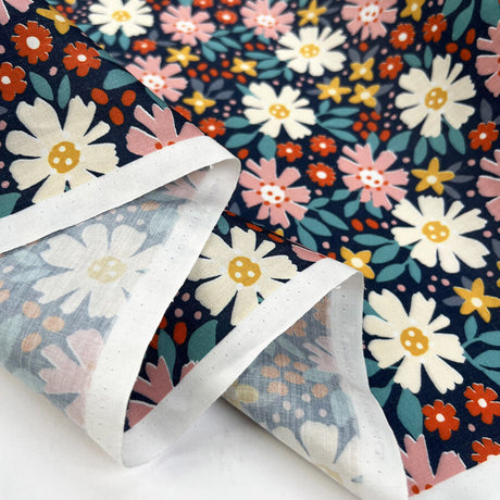 Pretty Polly Wild Posy Polyester Cotton Navy Floral Dress Fabric Fold